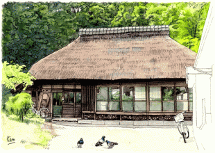 古民家住まいの究極は、なんといっても茅葺屋根でしょう。 そんな茅葺屋根の家が、鎌倉の自然の中にしっくり溶け込んでいました。