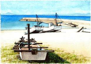 長者ガ崎海岸は浦島太郎の表れそうな昔の面影の残る海岸ですが、そこにＳUＰボードを持ったおじさんが表れました。