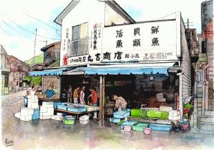大楠漁港の目の前にある丸吉商店は、昔ながらの生きのいい魚屋さんです。