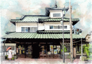 鎌倉彫寸松堂は、寺院建築と城郭建築を合体させた豪壮な店構えで、800年の伝統を持つ鎌倉彫の逸品を取り扱っています。