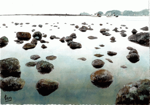 和賀江島は日本最古の人工の港として作られましたが、今は満潮にもなると、かすかな島影とガレキ石が波間から顔を出すように昔の面影さえ残さない姿になりました。