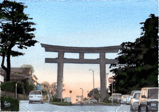 鶴岡八幡から海まで一直線に伸びる若宮大路、その一番海に近い場所に大きく一の鳥居が構えています。あっ！鳥居の上空にサンタクロースが・・・！