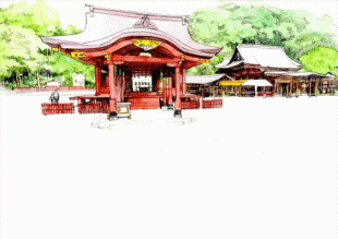 古都・鎌倉は和服の似あう街です。鶴間岡八幡宮の建物の朱赤と木々の緑に生えて、一段と華やかに彩るのです。