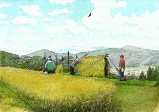 上山口の棚田も収穫の時期を迎え、稲刈りに精を出していましたが、その風景は日本の里山の原風景そのものでした。