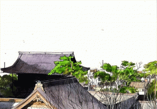 光明寺の裏山(天照山)から見る風景は鎌倉50選にも選ばれる絶景で、大きな光明寺山門のその向こうに材木座の海と稲村ケ崎、そして真白き富士の姿があります。