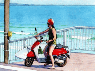 彼女は心底サーフィンにぞっこんで、愛用のバイクに乗って1日何回も波の状態を見に行くことが習慣となっています。