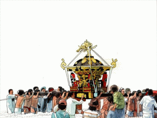 夏祭りの季節ですが、この絵の祭りは、〇〇神社の〇〇祭です。〇〇の名前が今回の問題です。