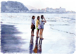材木座海岸　裸足で海に浸る少女たち