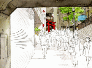 ＪＲ鎌倉駅の東口と西口をつなぐ地下道から東口に向かっての風景で、赤い鳥居は鎌倉一の繁華街「小町通り」の入口となっているように、東口はいつも人が多くざわざわしています。