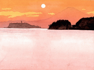 鎌倉・材木座海岸の南端からの風景ですが、遠くに富士山、江の島，稲村ケ崎、そして満潮時で石ころの小山と杭しか水面から顔を出していませんが、それが和賀江島です。
