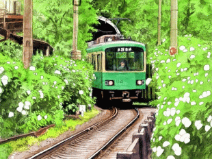 トンネルを抜けた江ノ電は、アジサイのトンネルに迎えられます。