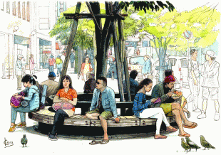 逗子駅前の円形ベンチからの街角ウオッチは、 私にとって絵を描くことへの動機付けとなりました。