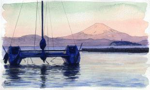 田越川河口から見る、朝日に輝く富士山です   